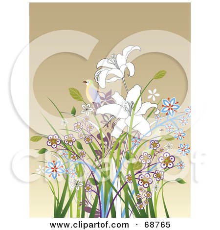 Royalty-Free (RF) Clipart Illustration of a Brown Background With A Bird On Top Of Colorful Flowers by OnFocusMedia