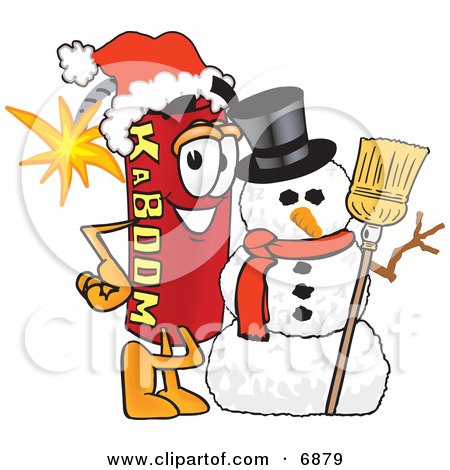 Clipart Picture of a Red Dynamite Mascot Cartoon Character With a Snowman on Christmas by Mascot Junction