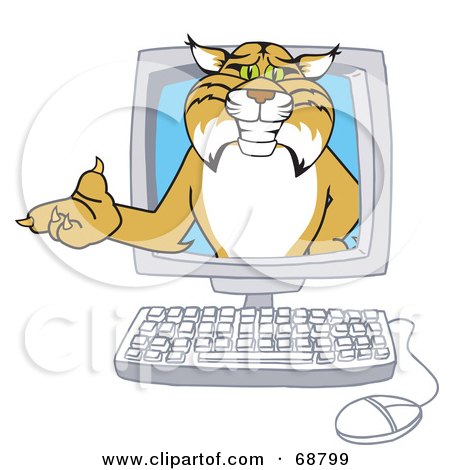 Royalty-Free (RF) Clipart Illustration of a Bobcat Character in a Computer by Mascot Junction