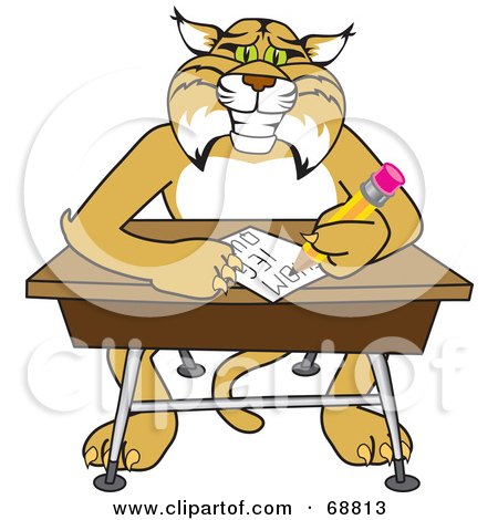 Royalty-Free (RF) Clipart Illustration of a Bobcat Character Sitting at a Desk by Mascot Junction