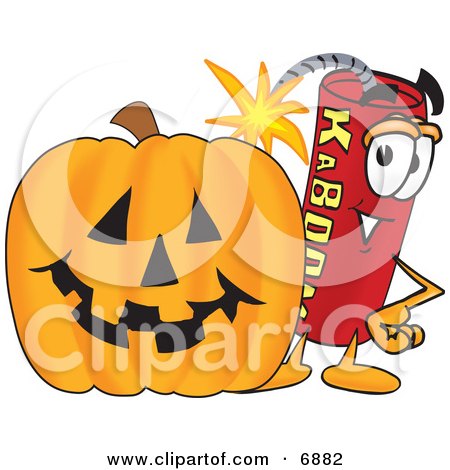Clipart Picture of a Red Dynamite Mascot Cartoon Character With a Halloween Pumpkin by Mascot Junction
