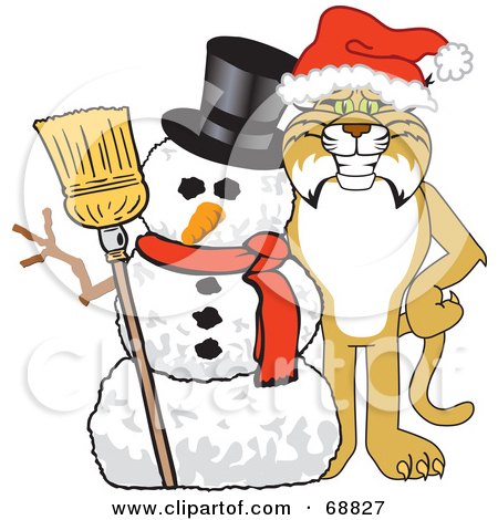 Royalty-Free (RF) Clipart Illustration of a Bobcat Character With a Snowman by Mascot Junction