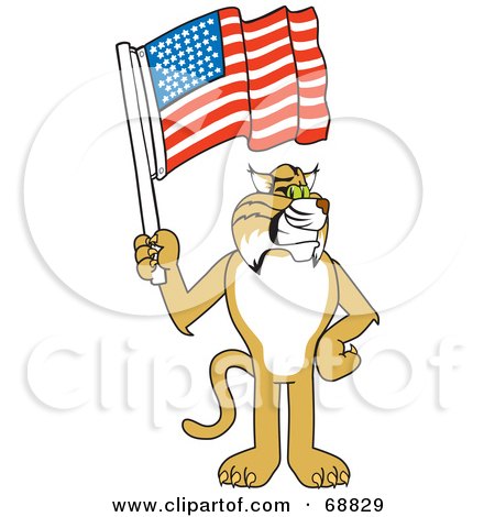 Royalty-Free (RF) Clipart Illustration of a Bobcat Character Holding a Flag by Mascot Junction