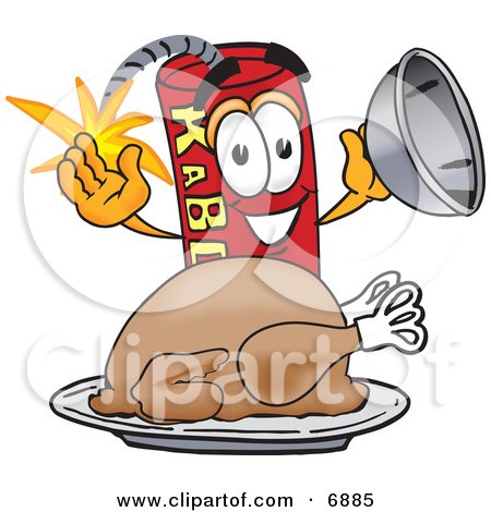 Clipart Picture of a Red Dynamite Mascot Cartoon Character With a Thanksgiving Turkey on a Platter by Mascot Junction