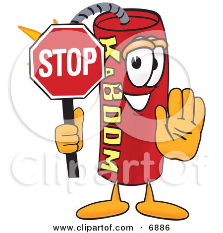 Clipart Picture of a Red Dynamite Mascot Cartoon Character Holding a Stop Sign by Mascot Junction