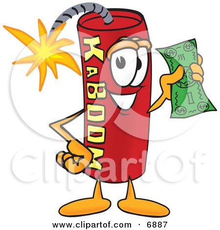 Clipart Picture of a Red Dynamite Mascot Cartoon Character Holding a Dollar Bill by Mascot Junction