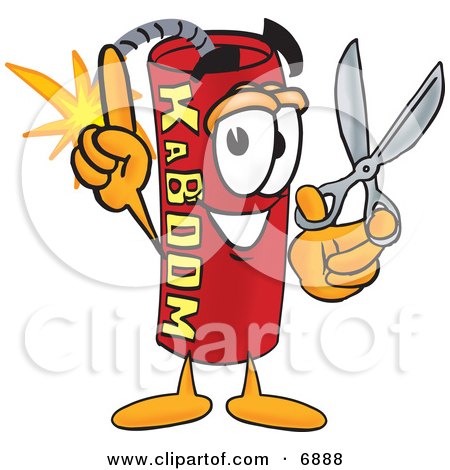 Clipart Picture of a Red Dynamite Mascot Cartoon Character Holding Scissors by Mascot Junction