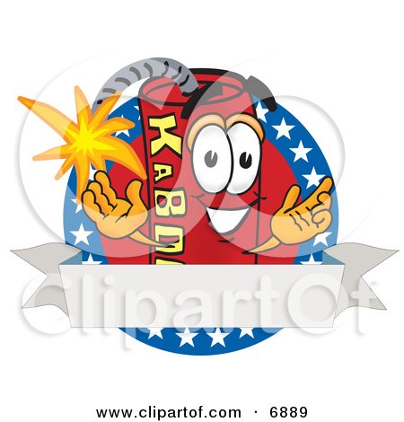 Clipart Picture of a Red Dynamite Mascot Cartoon Character With Stars and a Blank Ribbon Label by Mascot Junction
