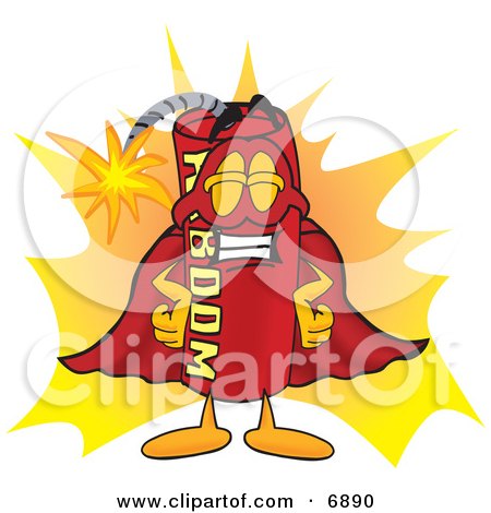 Clipart Picture of a Red Dynamite Mascot Cartoon Character Dressed as a Super Hero by Mascot Junction