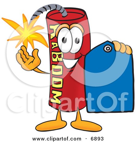 Clipart Picture of a Red Dynamite Mascot Cartoon Character Holding a Blue Sales Price Tag by Mascot Junction