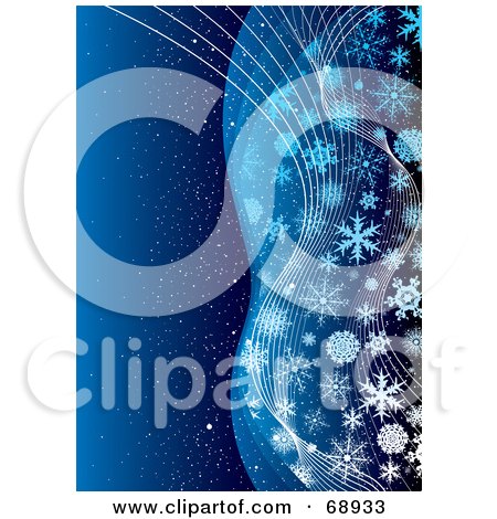 Royalty-Free (RF) Clipart Illustration of a Blue Christmas Background With Waves Of Elegant Snowflakes by michaeltravers