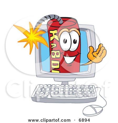 Clipart Picture of a Red Dynamite Mascot Cartoon Character on a Computer Screen by Mascot Junction