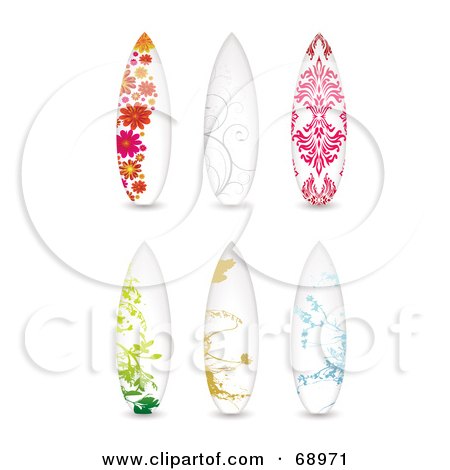 Royalty-Free (RF) Clipart Illustration of a Digital Collage Of Six Floral Surf Boards by michaeltravers