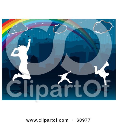 Royalty-Free (RF) Clipart Illustration of White Silhouetted People Jumping And Dancing Under A City Rainbow by michaeltravers