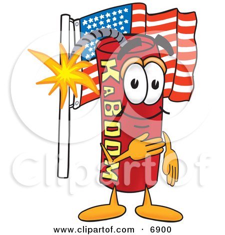 Clipart Picture of a Red Dynamite Mascot Cartoon Character Pledging Allegiance to the American Flag by Mascot Junction