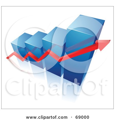 Royalty-Free (RF) Clipart Illustration of a Blue 3d Column Bar Graph With A Red Arrow by beboy