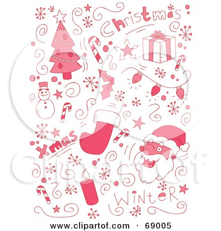 Royalty-Free (RF) Clipart Illustration of a Red Holiday Doodle Background Of Christmas Items On White by Cory Thoman