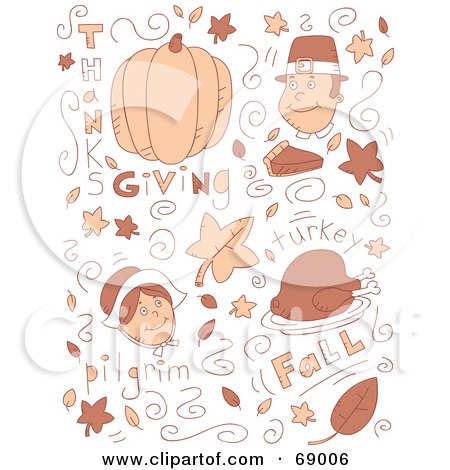 Royalty-Free (RF) Clipart Illustration of a Brown Holiday Doodle Background Of Thanksgiving Items On White by Cory Thoman