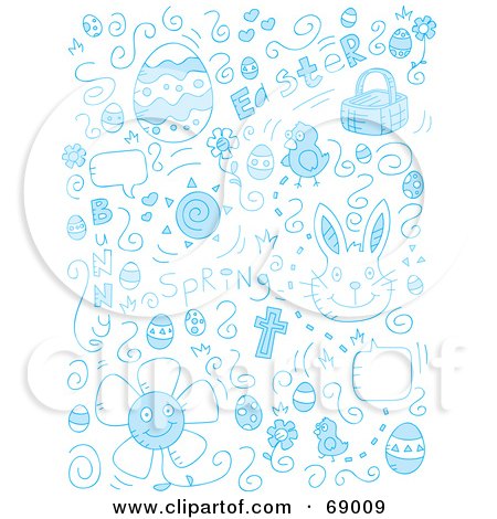 Royalty-Free (RF) Clipart Illustration of a Blue Holiday Doodle Background Of Easter Items On White by Cory Thoman