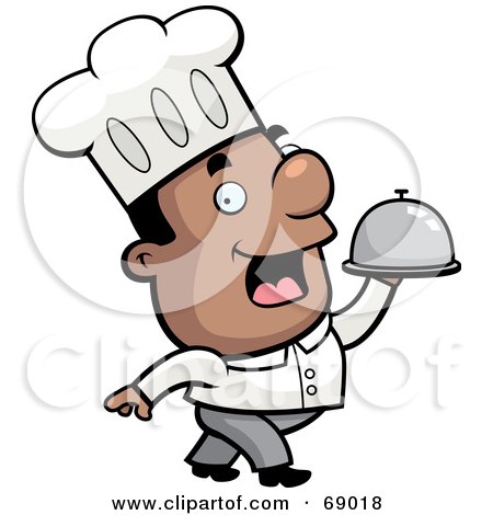 Royalty-Free (RF) Clipart Illustration of a Happy Black Chef Carrying A Platter by Cory Thoman