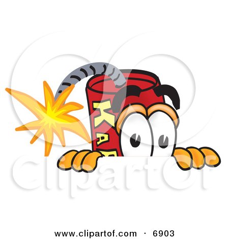 Clipart Picture of a Red Dynamite Mascot Cartoon Character Scared, Peeking Over a Surface by Mascot Junction