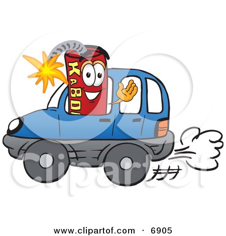 Clipart Picture of a Red Dynamite Mascot Cartoon Character Driving a Blue Car by Mascot Junction