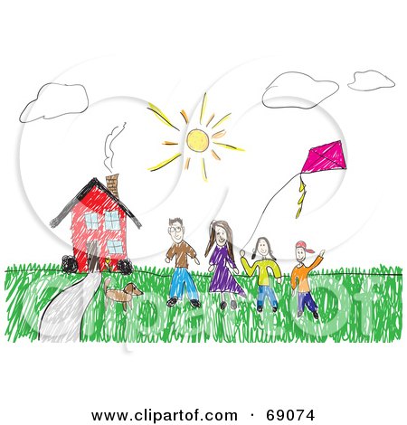 Royalty-Free (RF) Clipart Illustration of a Child Like Drawing Of A Family And Their Pet With A Kite Outside Their Red House by Arena Creative