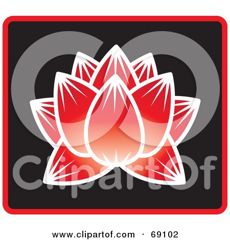 Royalty-Free (RF) Clipart Illustration of a Beautiful Red Lotus Flower On Black With Blue Trim by Rosie Piter