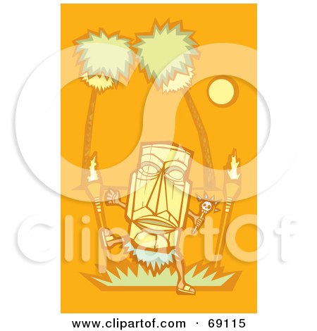 Royalty-Free (RF) Clipart Illustration of a Yellow Tiki Dancer With Torches And Palm Trees On An Orange Background by xunantunich