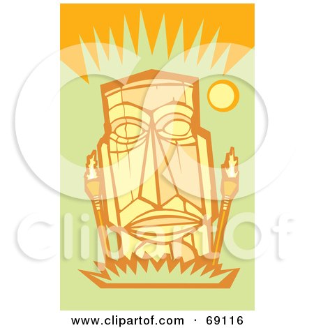 Royalty-Free (RF) Clipart Illustration of a Yellow Tiki Face With Torches On An Orange AndGreen Background by xunantunich