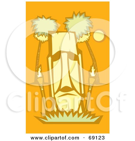 Royalty-Free (RF) Clipart Illustration of a Tall Yellow Tiki With Torches And Palm Trees On An Orange Background by xunantunich