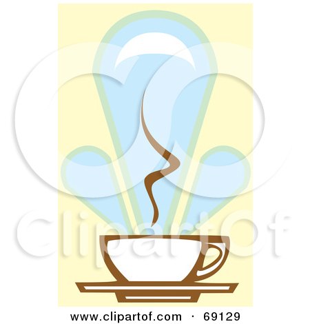 Royalty-Free (RF) Clipart Illustration of a Steamy White And Brown Coffee Cup On A Blue And Yellow Background by xunantunich
