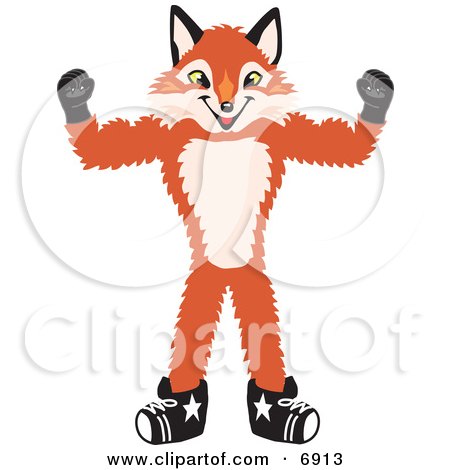 Clipart Picture of a Fox Mascot Cartoon Character Flexing His Arm Muscles by Toons4Biz