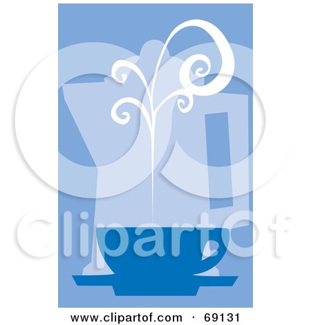 Royalty-Free (RF) Clipart Illustration of a Steamy Coffee Cup In Front Of A Percolator On Blue by xunantunich
