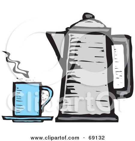 Royalty-Free (RF) Clipart Illustration of a Gray Percolator By A Blue Cup Of Coffee by xunantunich