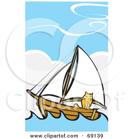 Royalty-Free (RF) Clipart Illustration of a Cat on a Sailboat at Sea by xunantunich