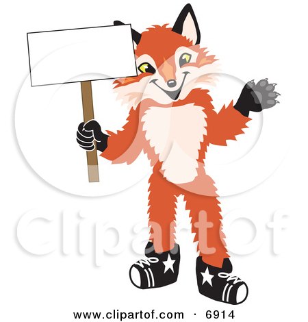 Clipart Picture of a Fox Mascot Cartoon Character Holding a Blank White Sign by Toons4Biz