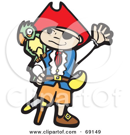 Royalty-Free (RF) Clipart Illustration of a Waving Boy Pirate With A Peg Leg And Parrot by xunantunich