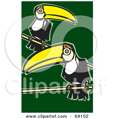 Royalty-Free (RF) Clipart Illustration of Two Perched Toucans Over A Green Background by xunantunich