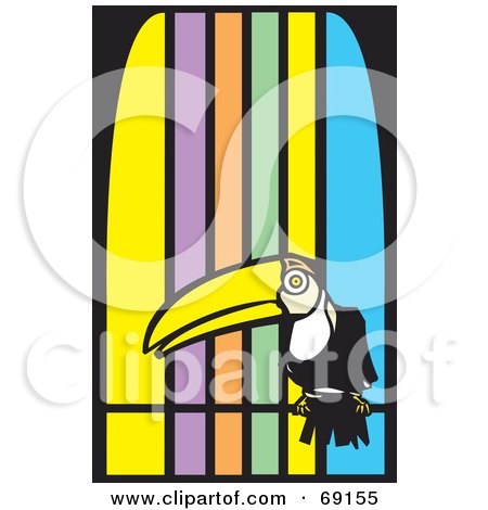 Royalty-Free (RF) Clipart Illustration of a Perched Toucan Over A Colorful Striped Background by xunantunich