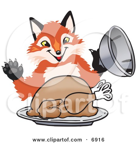 Clipart Picture of a Fox Mascot Cartoon Character Serving a Thanksgiving Turkey on a Platter by Toons4Biz