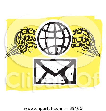 Royalty-Free (RF) Clipart Illustration of a Winged Wire Globe Over An Envelope On Yellow And White by xunantunich