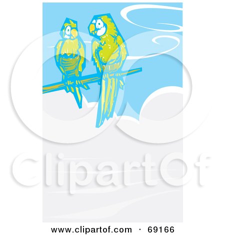 Royalty-Free (RF) Clipart Illustration of Two Parrots Perched Above A Cloud In A Blue Sky by xunantunich
