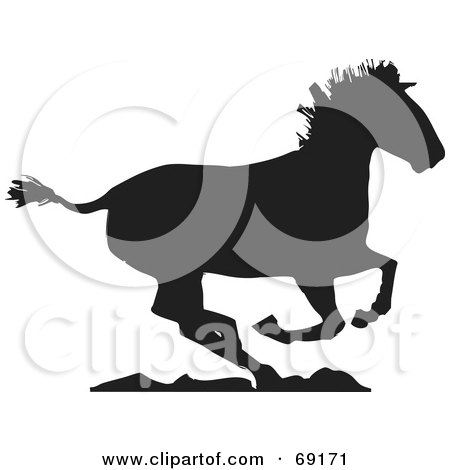 Royalty-Free (RF) Clipart Illustration of a Black Silhouette Of A Running Horse On Rocks by xunantunich
