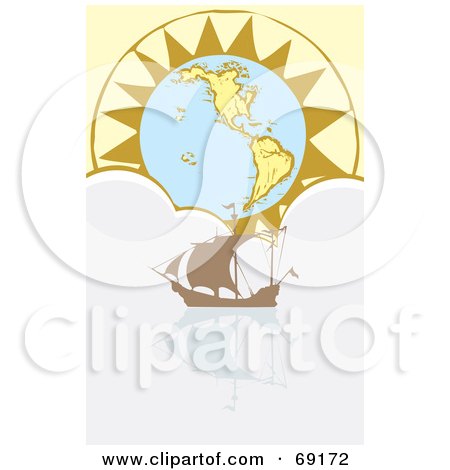 Royalty-Free (RF) Clipart Illustration of a Sailing Ship In A Cloud Sea In Front Of A Sun Globe by xunantunich