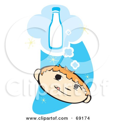 Royalty-Free (RF) Clipart Illustration of a Thirsty Boy Thinking Of A Bottle Of Milk Over A Blue Starry Sky by xunantunich