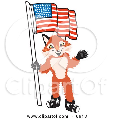 Clipart Picture of a Fox Mascot Cartoon Character Holding an American Flag by Toons4Biz