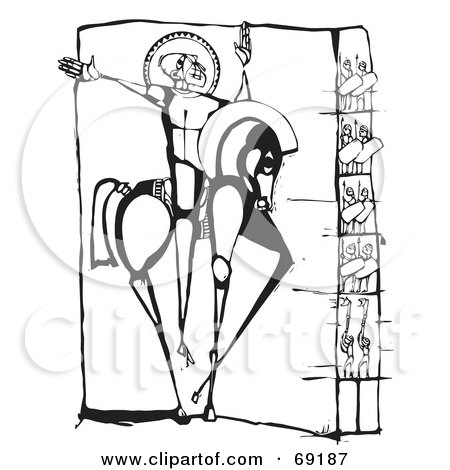 Royalty-Free (RF) Clipart Illustration of a Man On A Black And White Horse, With Soldiers by xunantunich