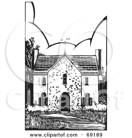 Royalty-Free (RF) Clipart Illustration of a Black And White Old Stone House With A Weather Vane And Path by xunantunich