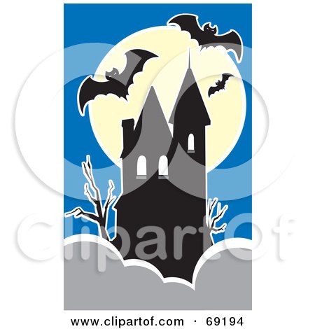 Royalty-Free (RF) Clipart Illustration of a Full Moon Behind A Haunted House With Bats Against A Blue Sky by xunantunich
